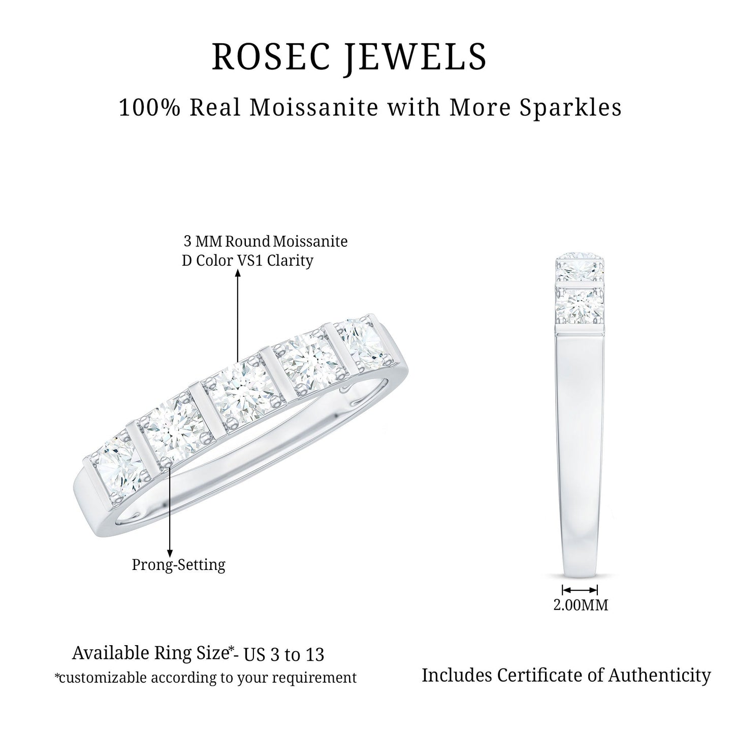 Round Cut Certified Moissanite Five Stone Anniversary Band for Men