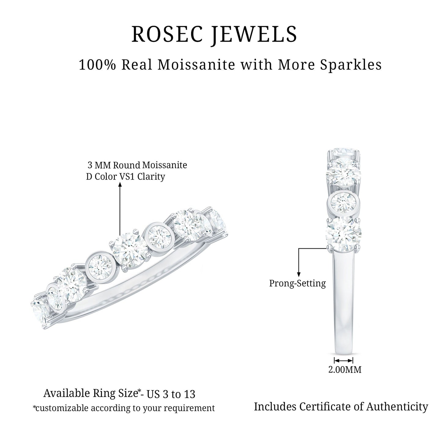 Certified Round Cut Moissanite Half Eternity Band Ring