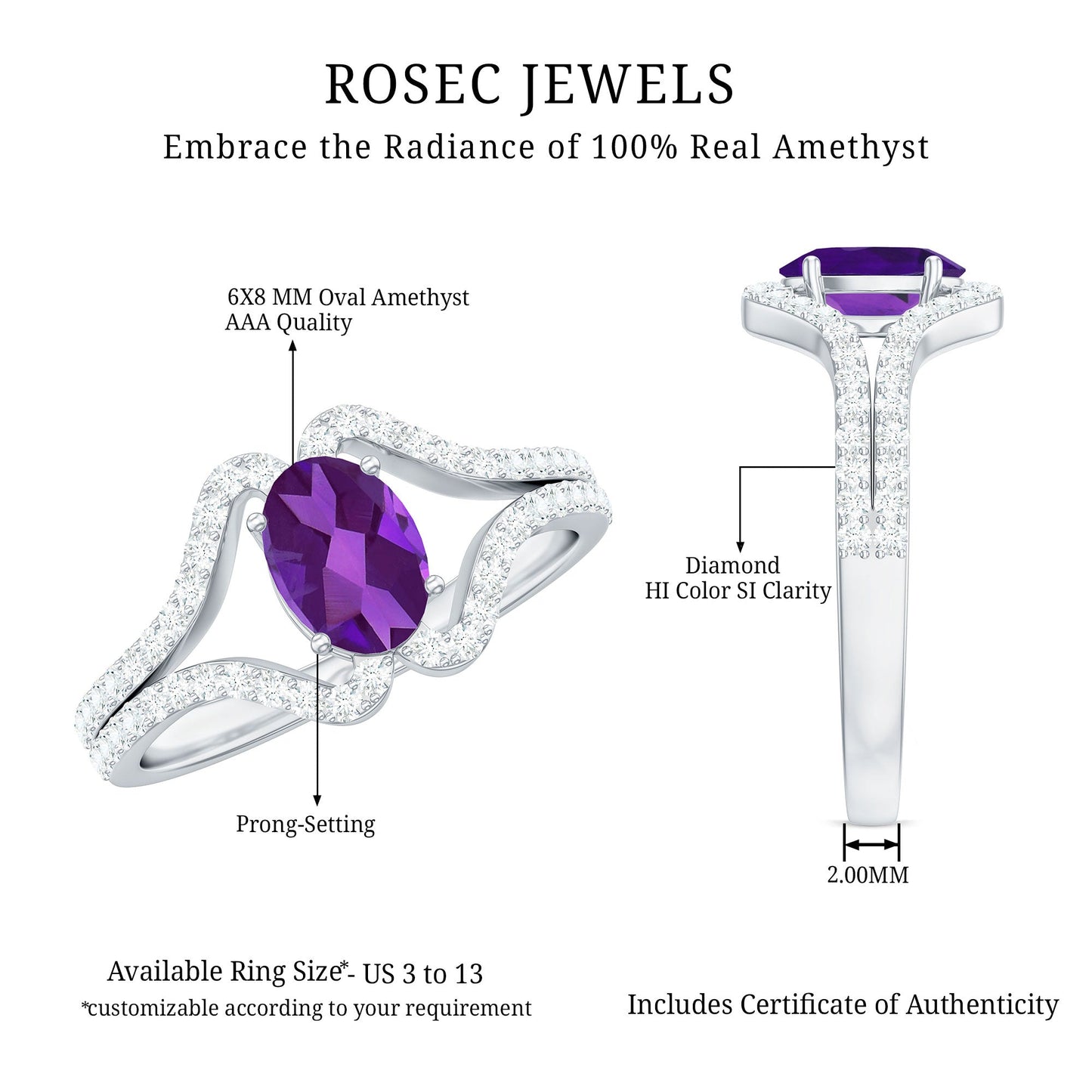 1 Carat Amethyst Oval Engagement Ring with Diamond Split Shank