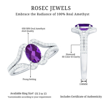 1 Carat Amethyst Oval Engagement Ring with Diamond Split Shank