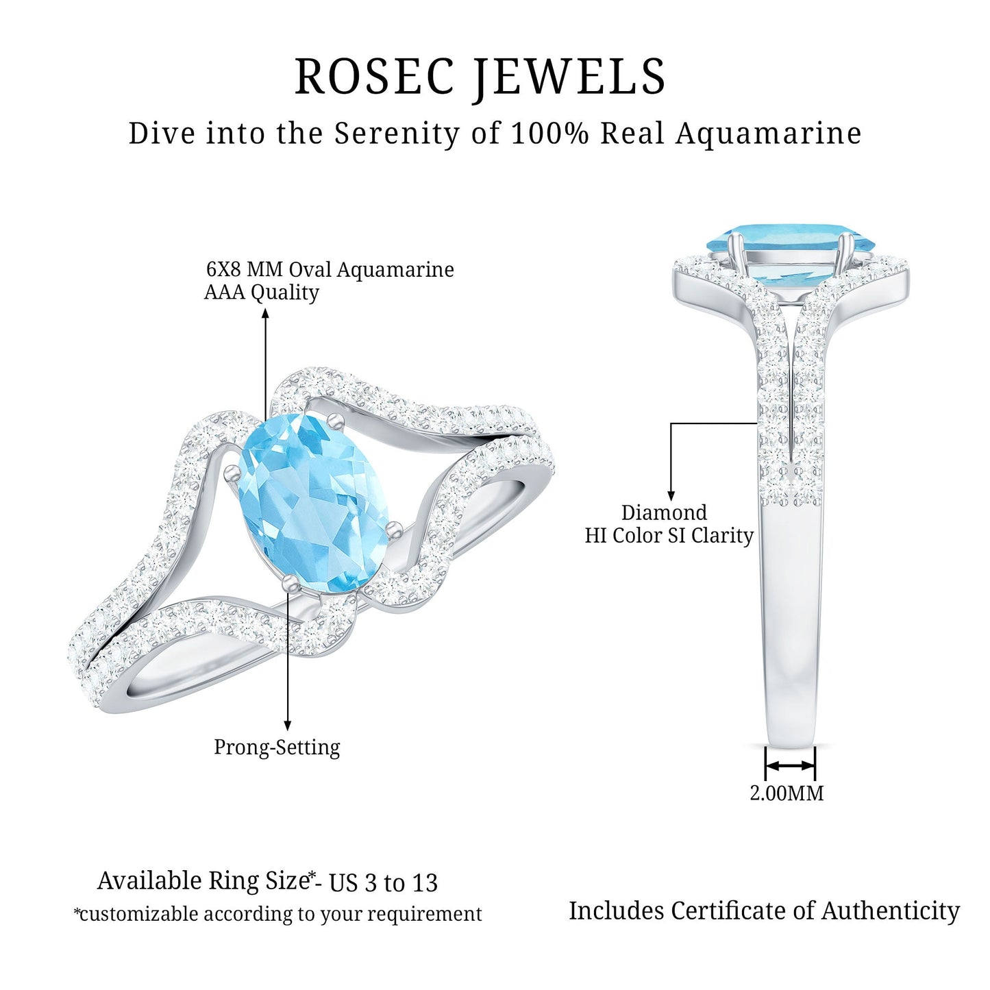 Designer Aquamarine Diamond Oval Engagement Ring with Split Shank