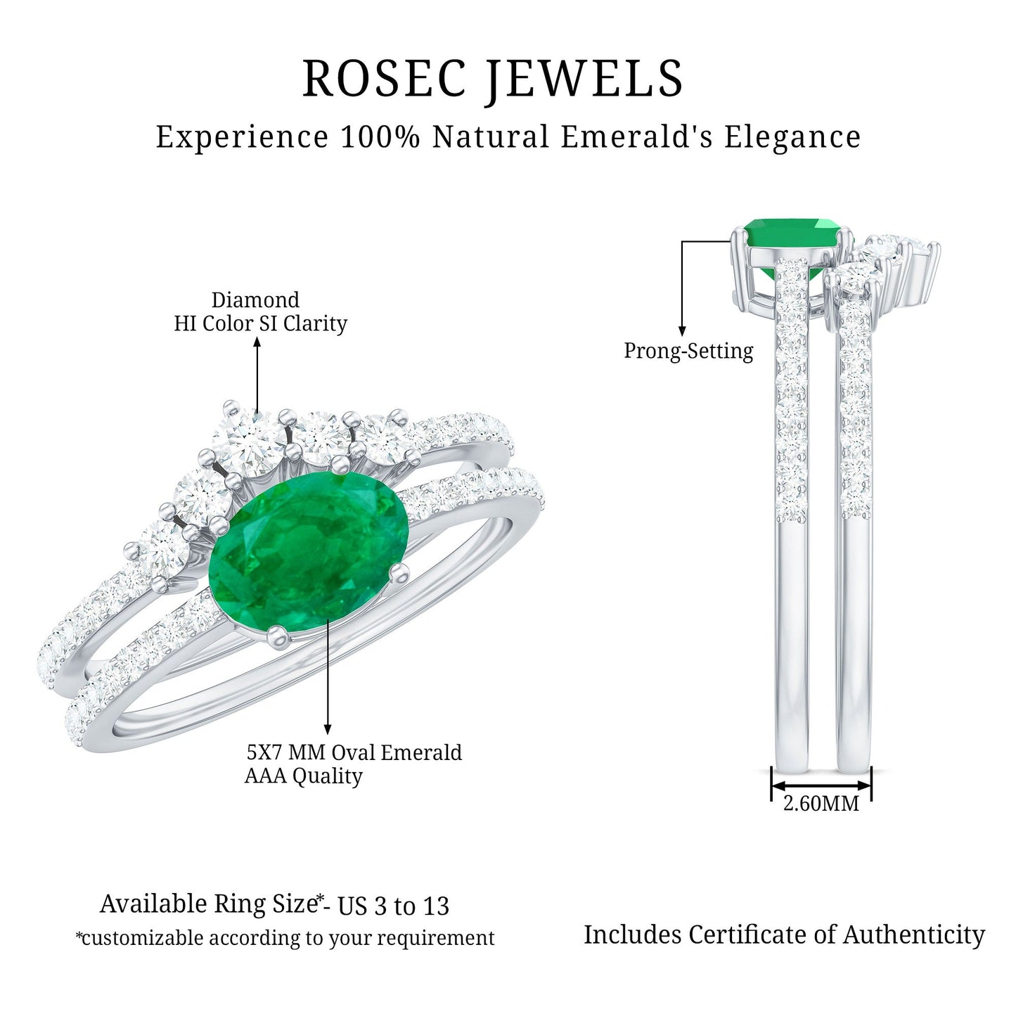 Natural Oval Emerald Diamond East West Engagement Ring and Wedding Band Set