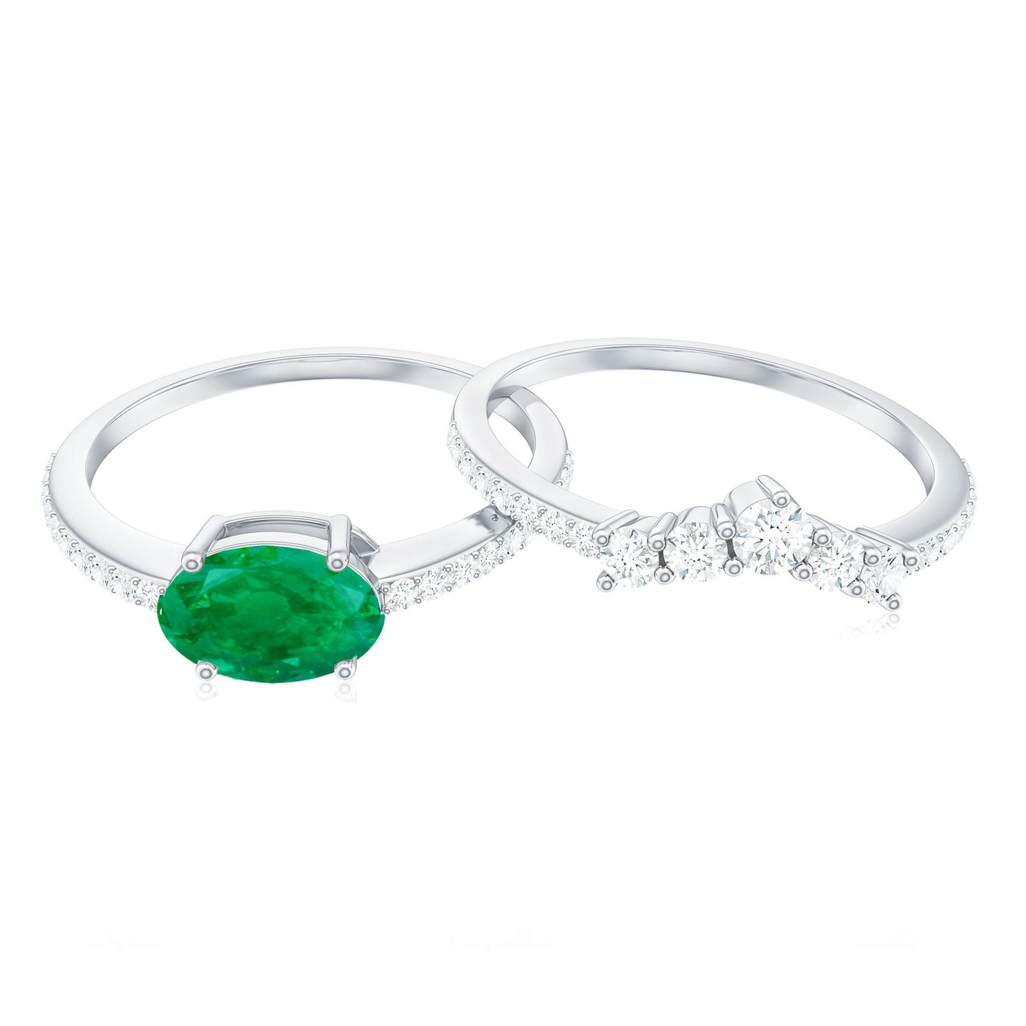 Natural Oval Emerald Diamond East West Engagement Ring and Wedding Band Set