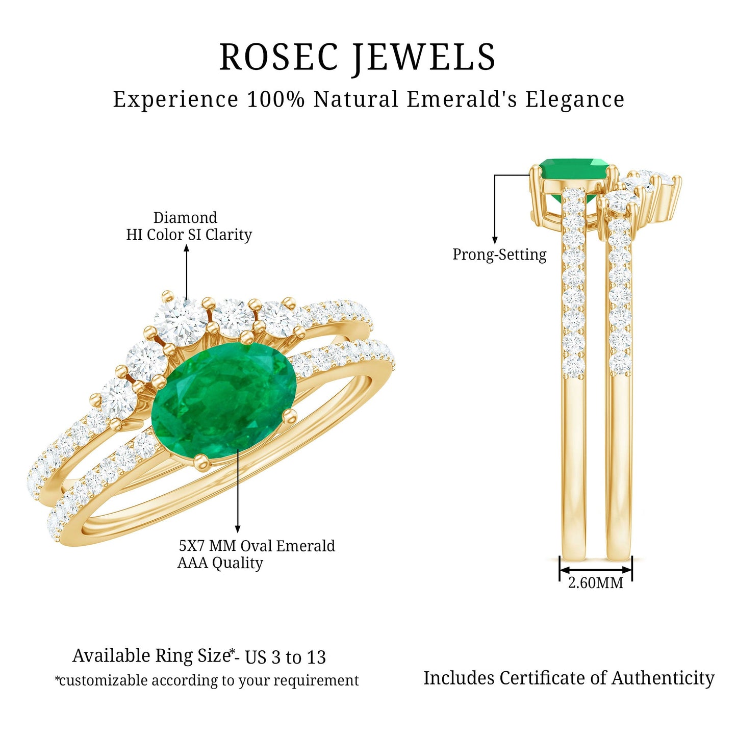 Natural Oval Emerald Diamond East West Engagement Ring and Wedding Band Set