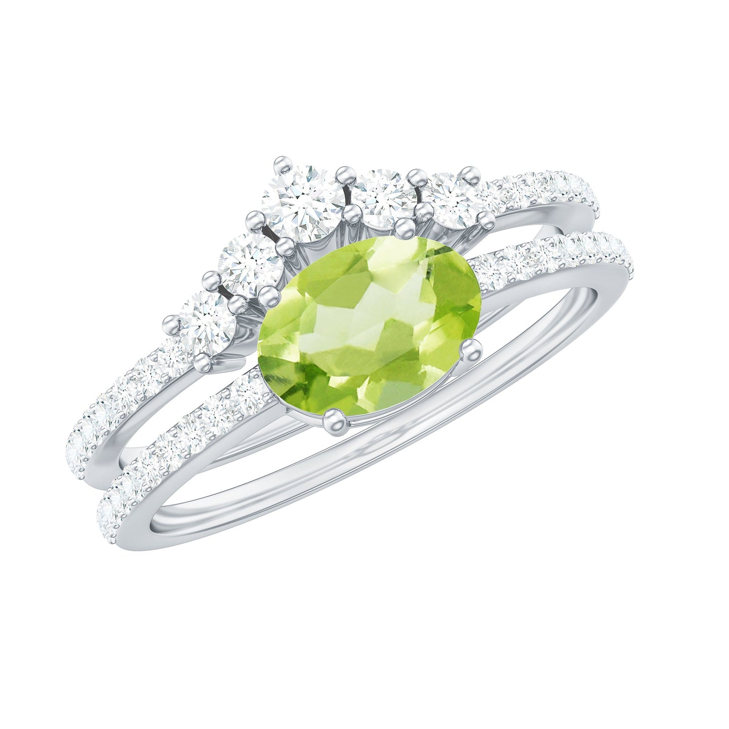 Natural 1 Carat Peridot Oval Wedding Engagement Ring Set with Diamond