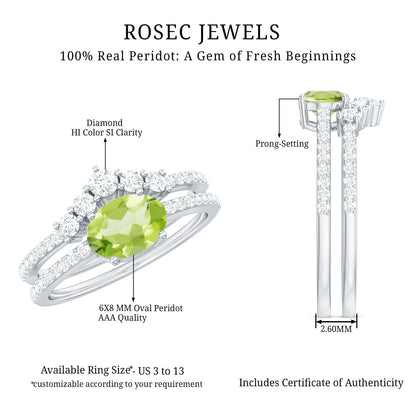 Natural 1 Carat Peridot Oval Wedding Engagement Ring Set with Diamond