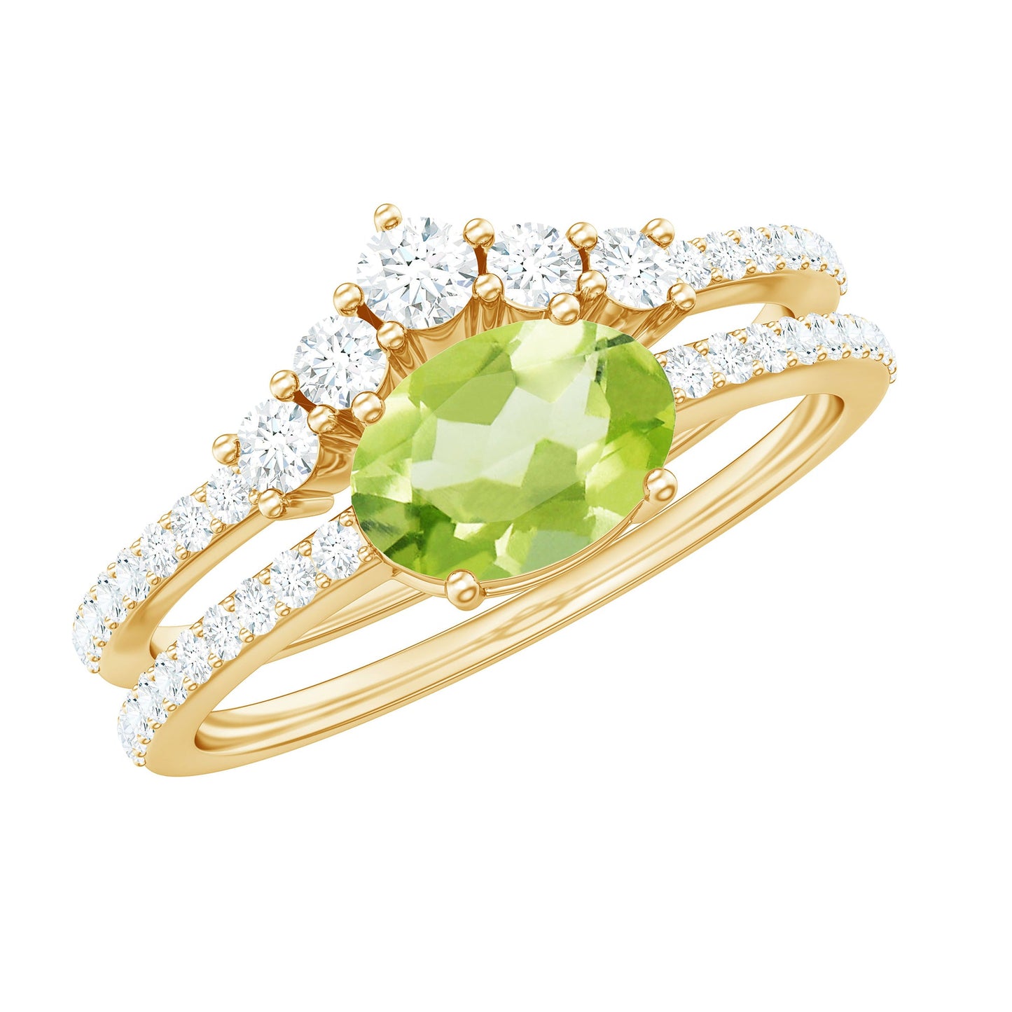 Natural 1 Carat Peridot Oval Wedding Engagement Ring Set with Diamond