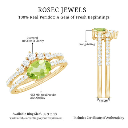 Natural 1 Carat Peridot Oval Wedding Engagement Ring Set with Diamond