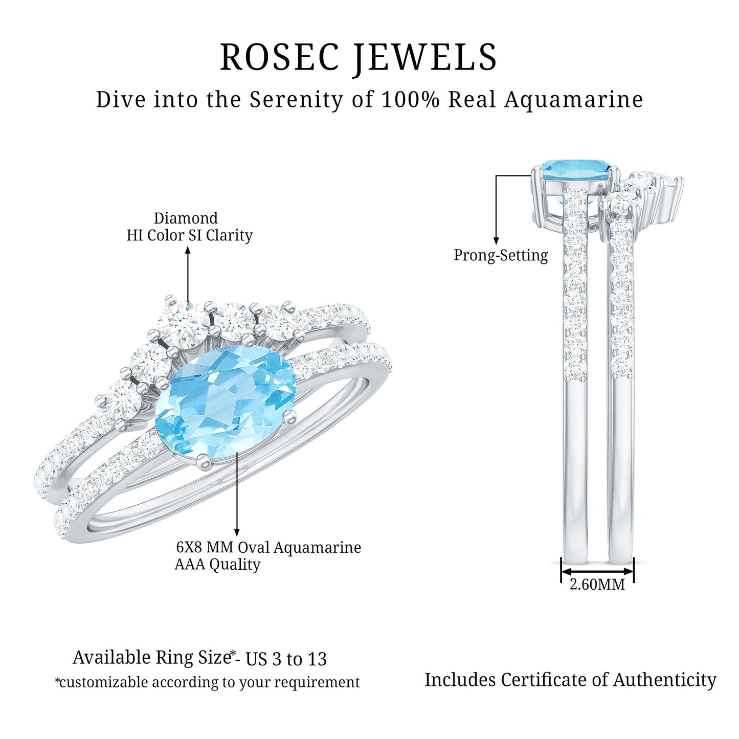 Real Oval Aquamarine Diamond East West Engagement Ring and Wedding Band Set