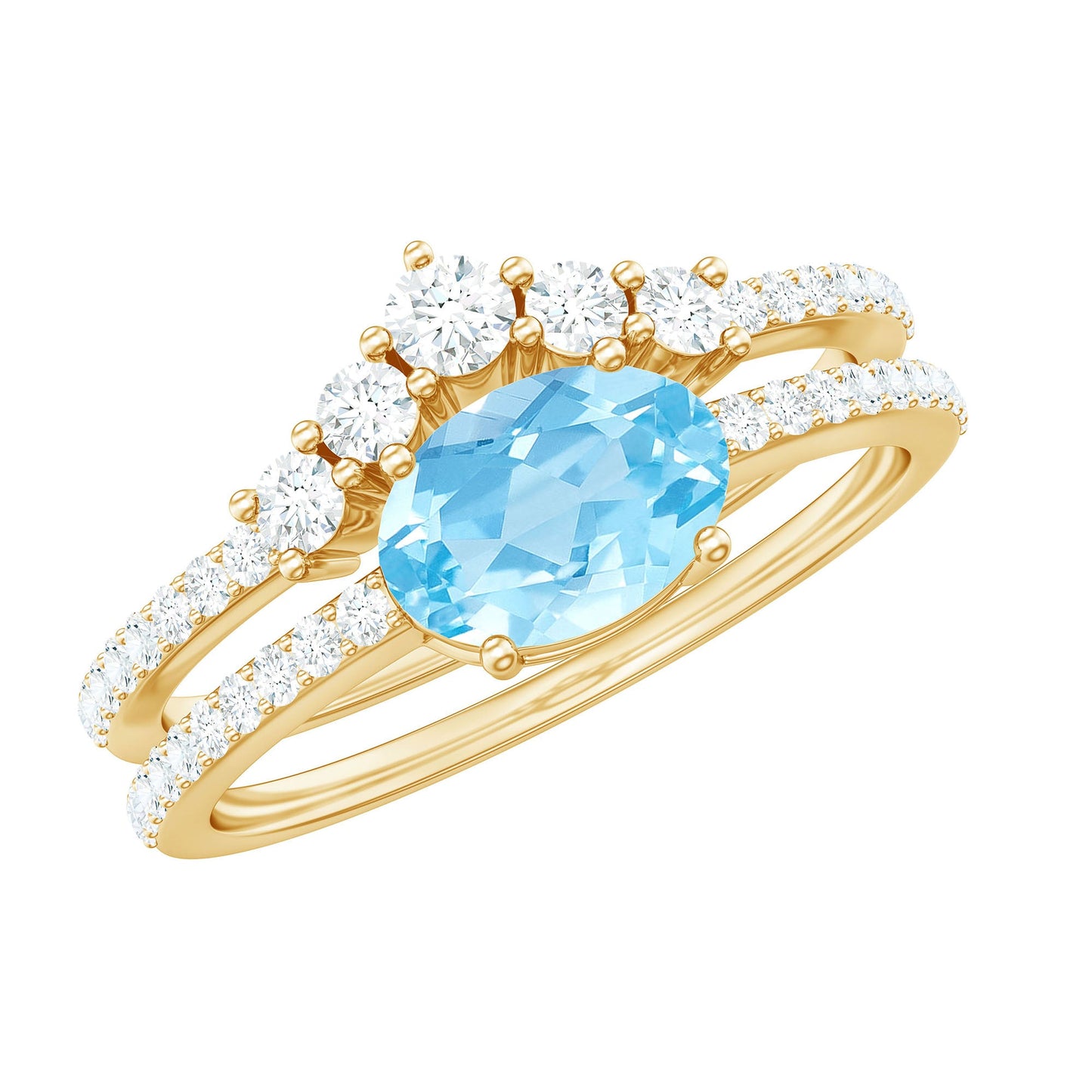 Real Oval Aquamarine Diamond East West Engagement Ring and Wedding Band Set