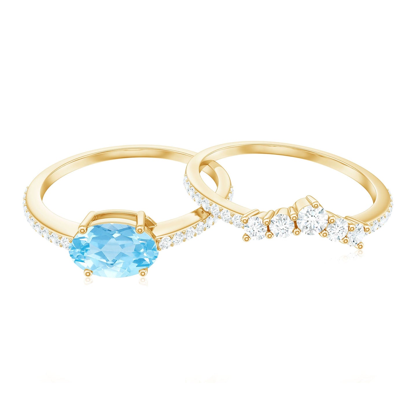 Real Oval Aquamarine Diamond East West Engagement Ring and Wedding Band Set