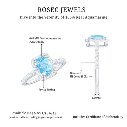 Certified Real Aquamarine Oval Engagement Ring with Diamond Halo