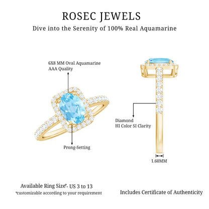 Certified Real Aquamarine Oval Engagement Ring with Diamond Halo