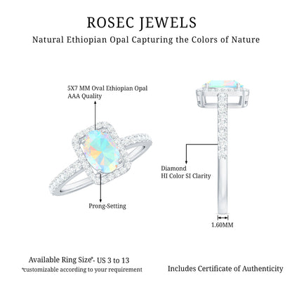 Classic Ethiopian Opal Oval Engagement Ring with Diamond Halo