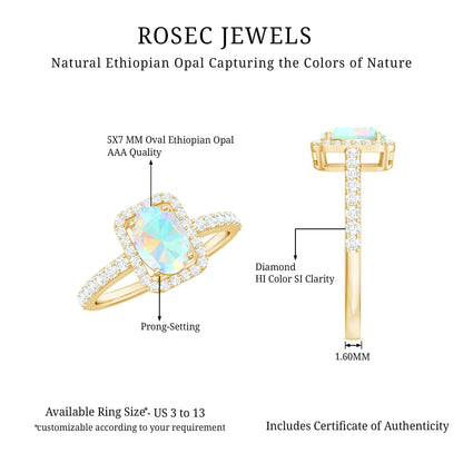 Classic Ethiopian Opal Oval Engagement Ring with Diamond Halo