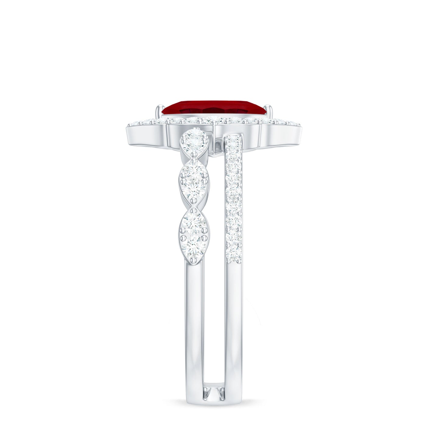 Vintage Inspired Lab Ruby and Diamond Double Band Engagement Ring