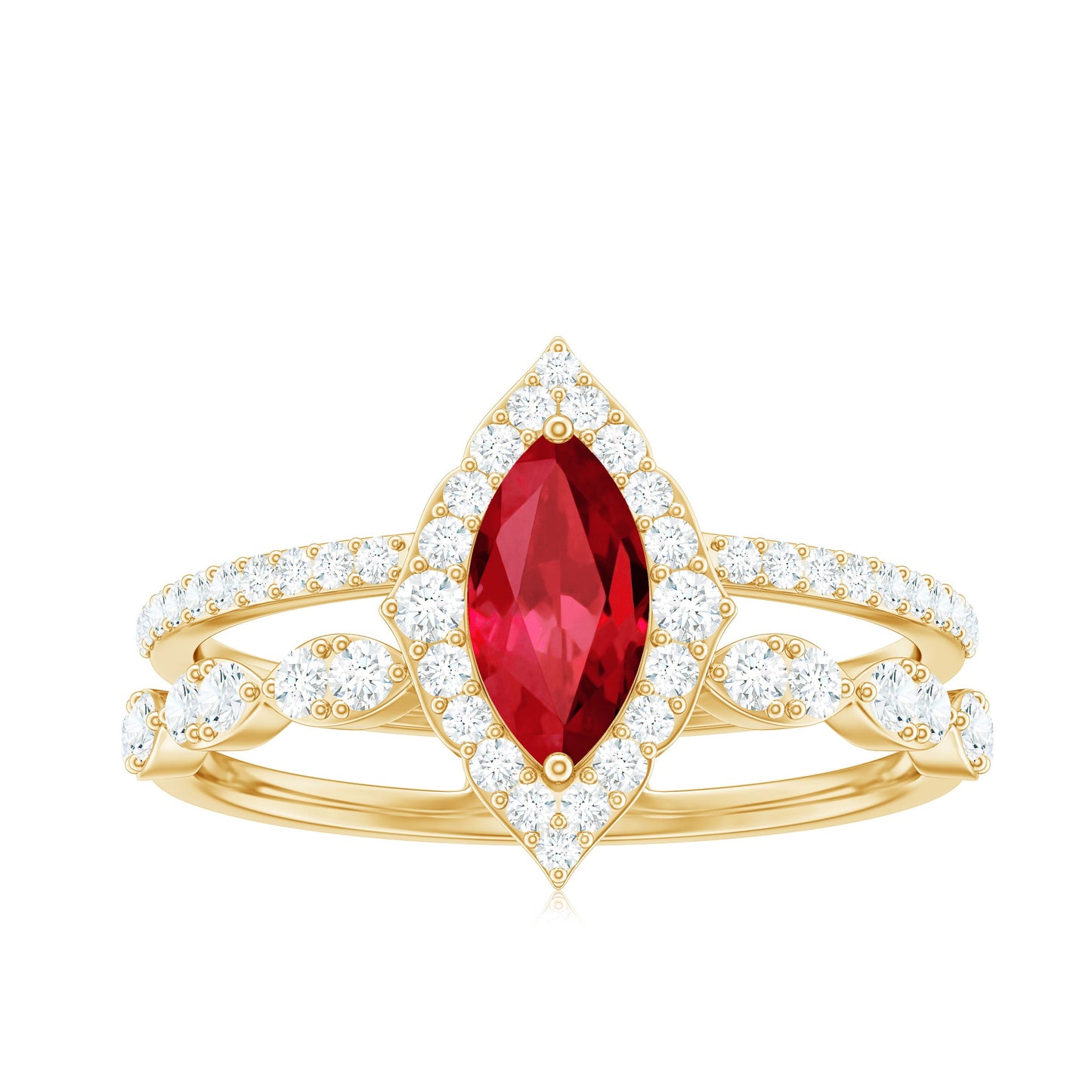 Vintage Inspired Lab Ruby and Diamond Double Band Engagement Ring
