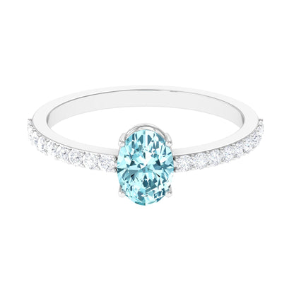 Genuine 1 Carat Solitaire Aquamarine Oval Engagement Ring with Diamond