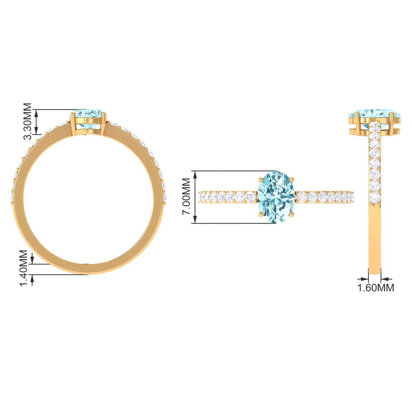 Genuine 1 Carat Solitaire Aquamarine Oval Engagement Ring with Diamond