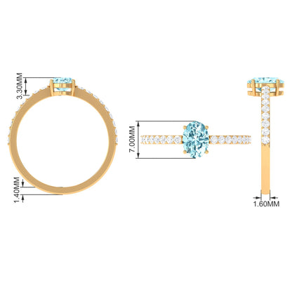 Genuine 1 Carat Solitaire Aquamarine Oval Engagement Ring with Diamond