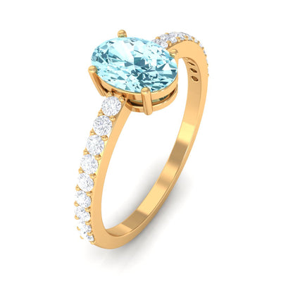 Genuine 1 Carat Solitaire Aquamarine Oval Engagement Ring with Diamond