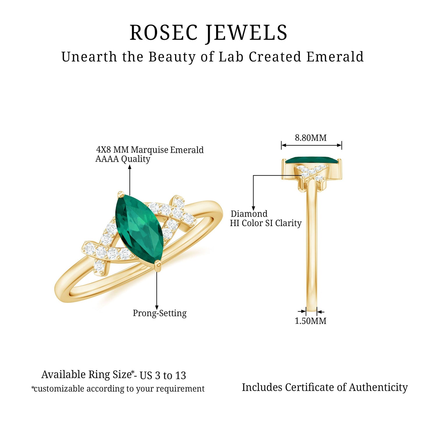 Designer Lab Grown Emerald Marquise Engagement Ring with Diamond