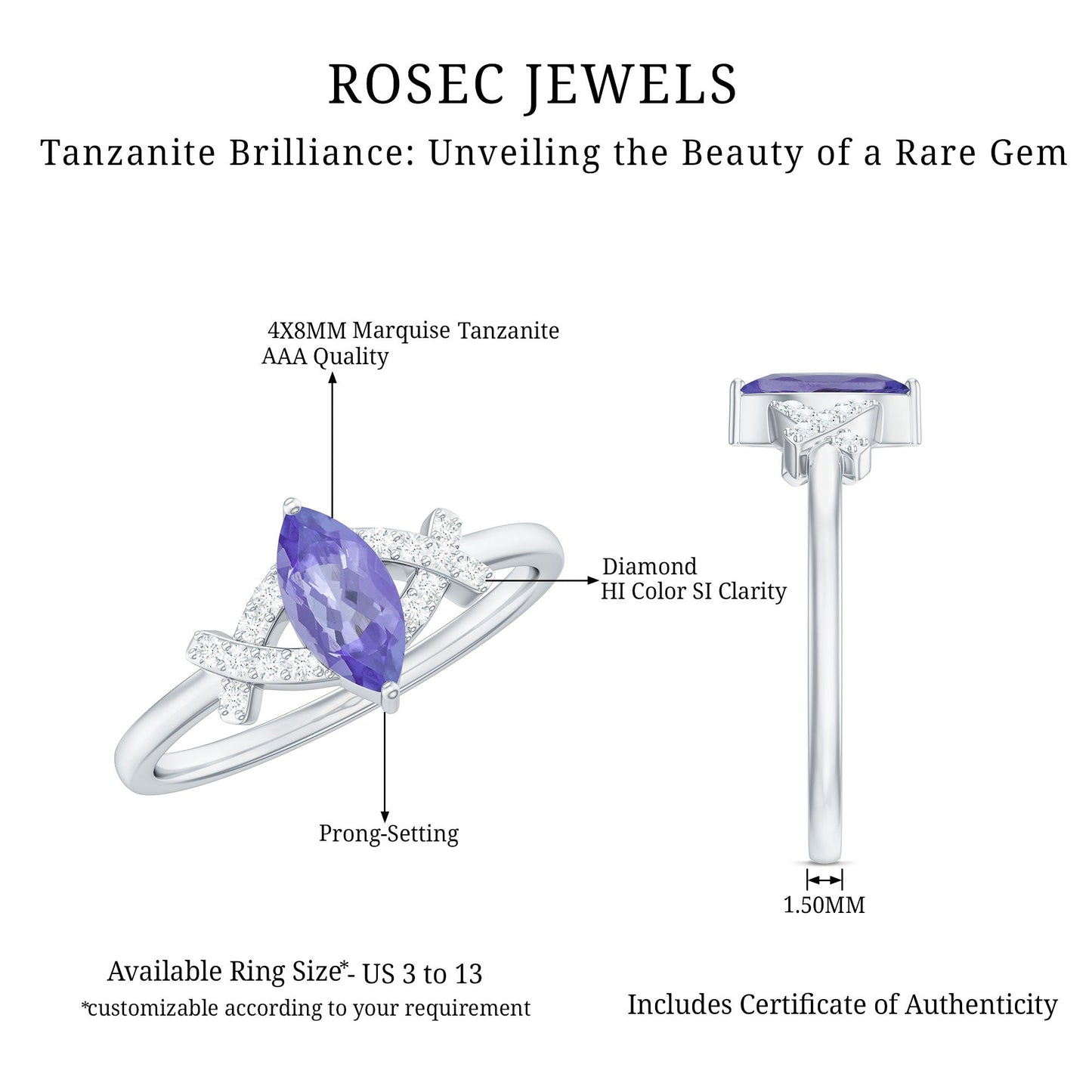 Natural Marquise Tanzanite Diamond Promise Ring for Engagement