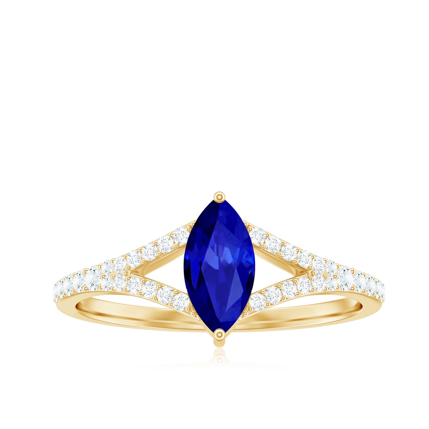 Certified 0.75 Carat Lab Grown Blue Sapphire Marquise Engagement Ring with Diamond Split Shank