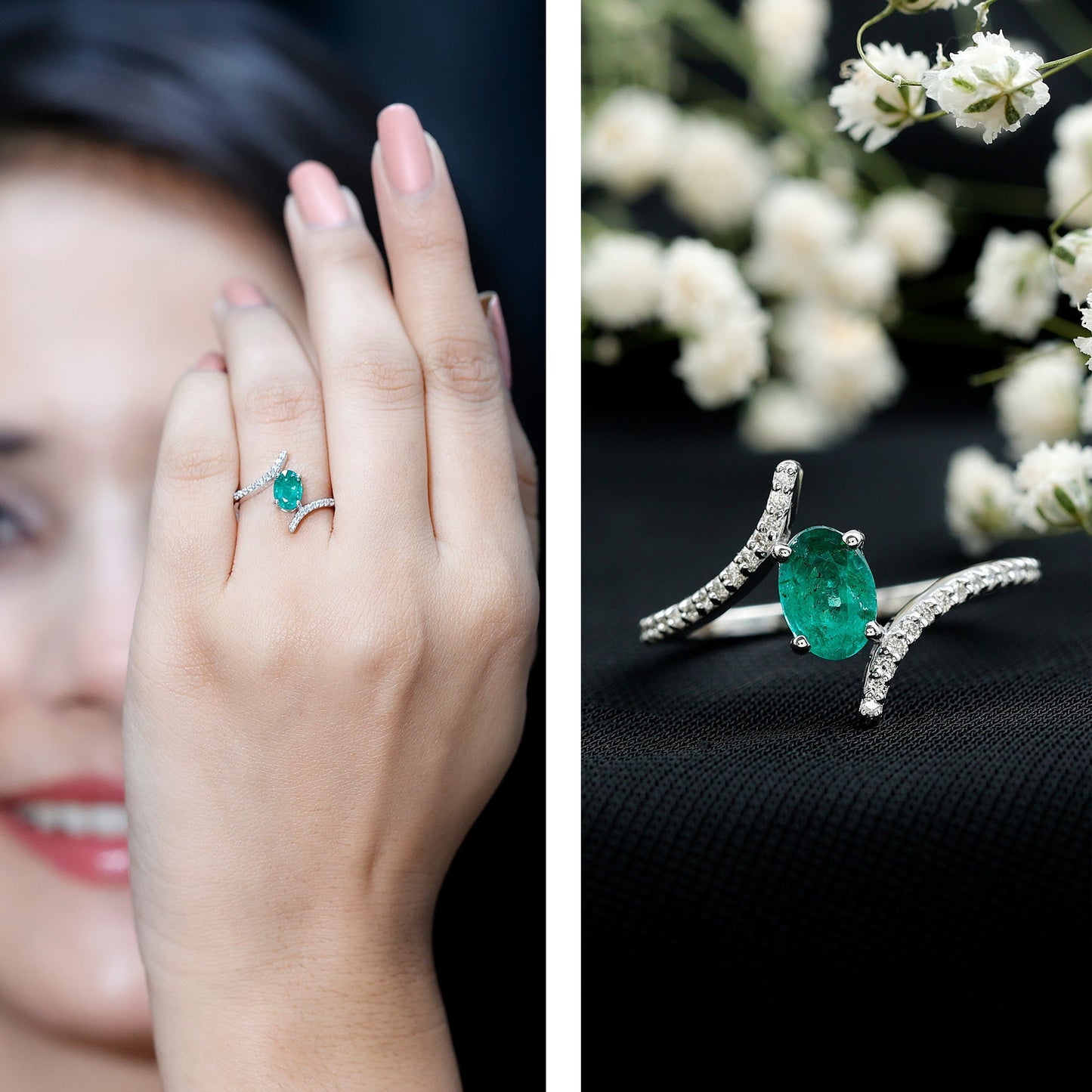 Oval Shaped Emerald Bypass Engagement Ring with Diamonds