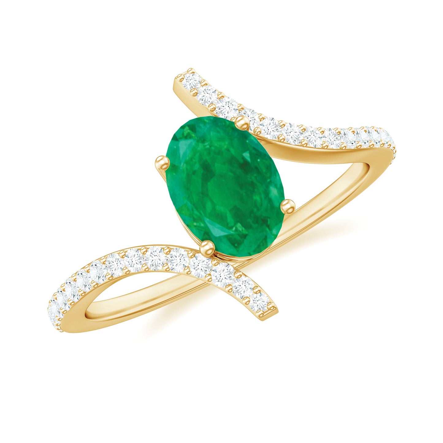 Oval Shaped Emerald Bypass Engagement Ring with Diamonds