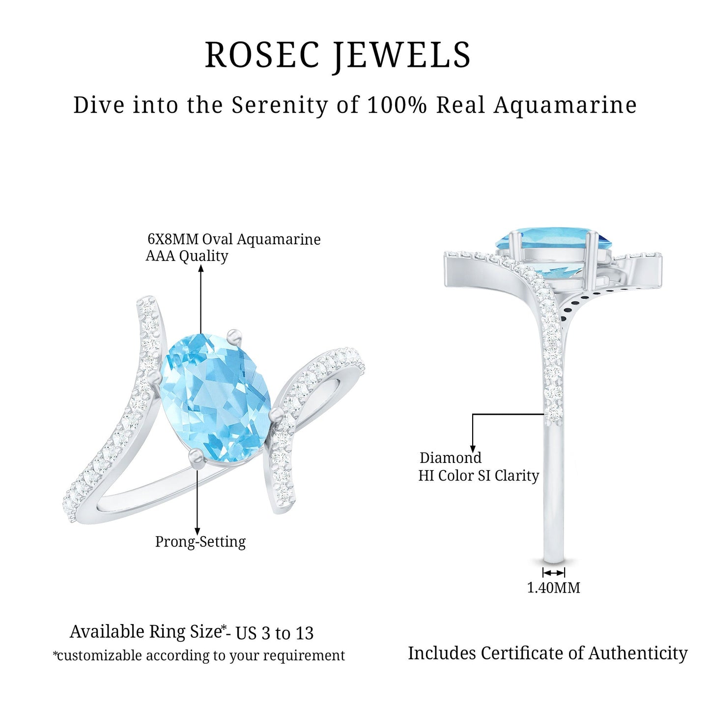 Real 1 Carat Aquamarine Oval Engagement Ring with Diamond Bypass Shank