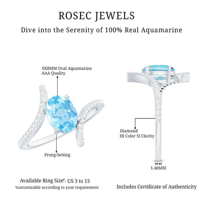 Real 1 Carat Aquamarine Oval Engagement Ring with Diamond Bypass Shank