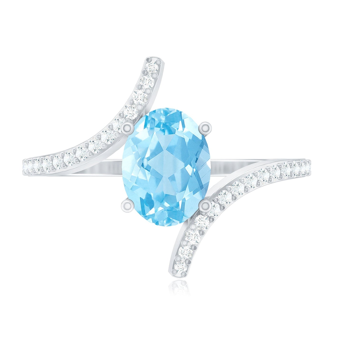 Real 1 Carat Aquamarine Oval Engagement Ring with Diamond Bypass Shank