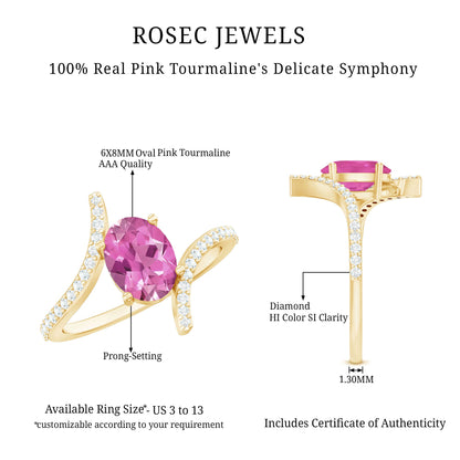 Oval Pink Tourmaline Solitaire Bypass Ring with Diamond