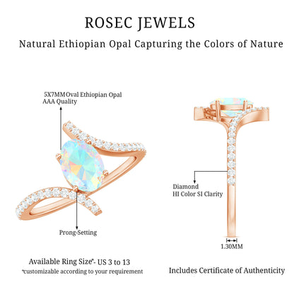 Natural Ethiopian Opal Oval Engagement Ring with Diamond Bypass Shank
