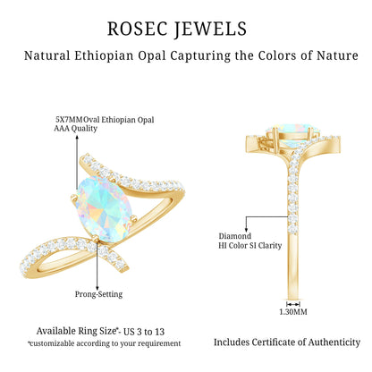 Natural Ethiopian Opal Oval Engagement Ring with Diamond Bypass Shank