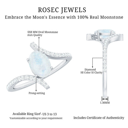 Oval Moonstone and Diamond Bypass Engagement Ring