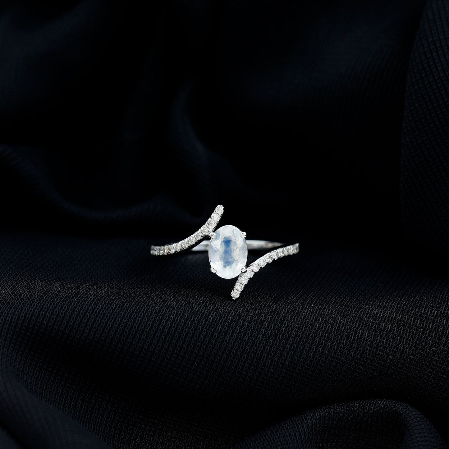 Oval Moonstone and Diamond Bypass Engagement Ring
