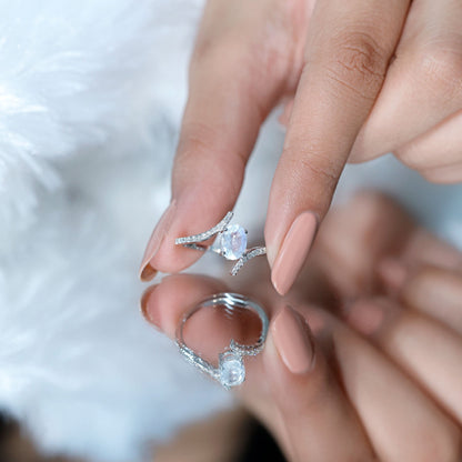 Oval Moonstone and Diamond Bypass Engagement Ring