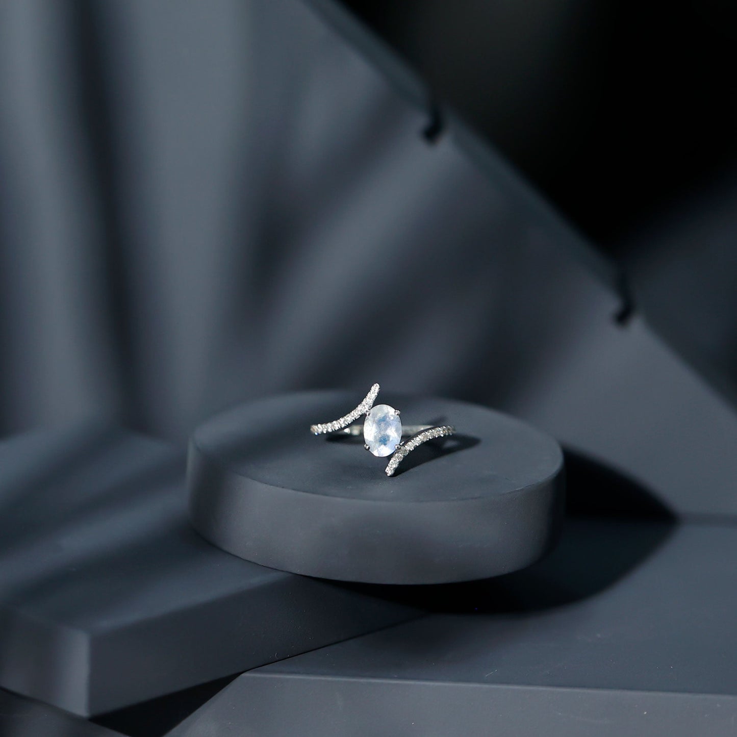 Oval Moonstone and Diamond Bypass Engagement Ring