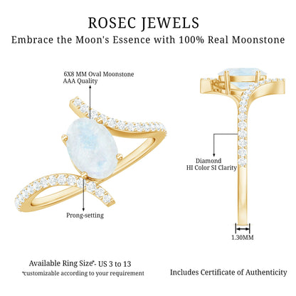 Oval Moonstone and Diamond Bypass Engagement Ring
