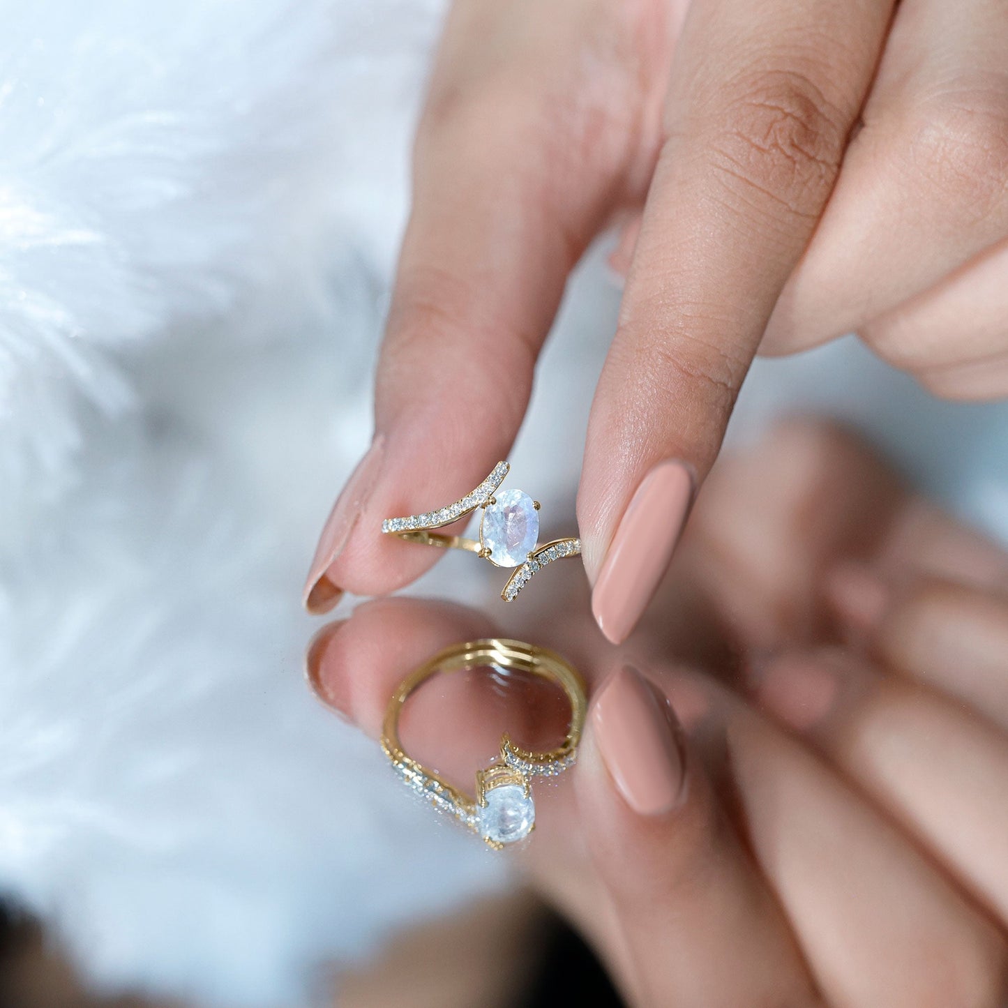 Oval Moonstone and Diamond Bypass Engagement Ring