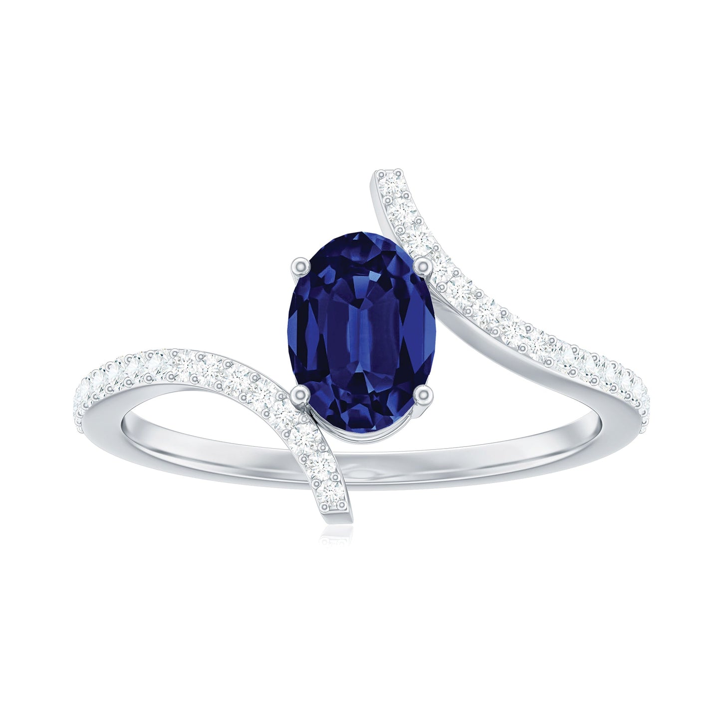 1 Carat Oval Cut Lab Created Blue Sapphire Bypass Solitaire Ring with Diamond