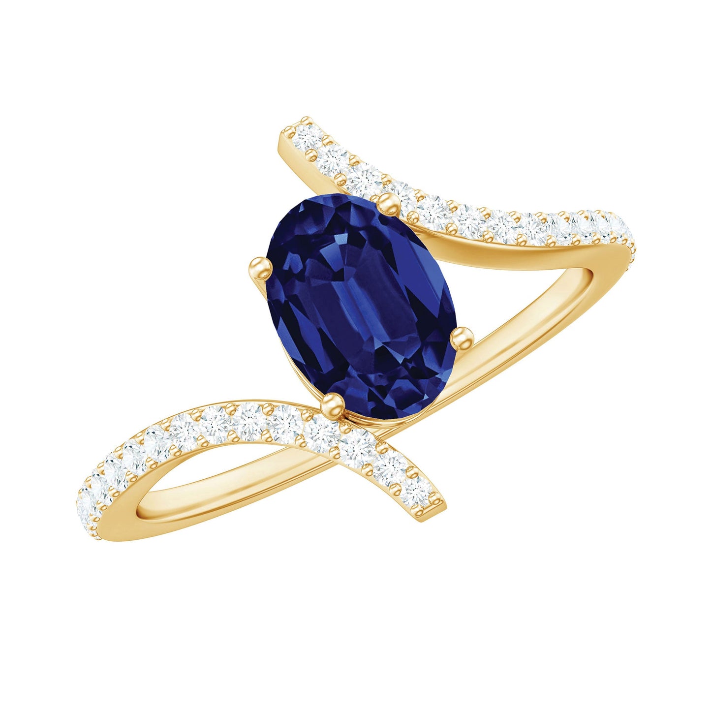 1 Carat Oval Cut Lab Created Blue Sapphire Bypass Solitaire Ring with Diamond