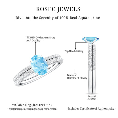 Natural Aquamarine Diamond Oval Engagement Ring with Wedding Band