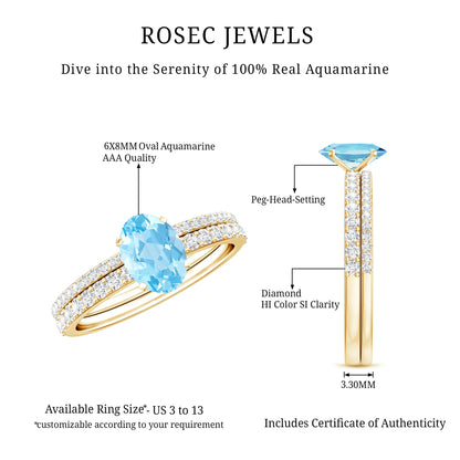 Natural Aquamarine Diamond Oval Engagement Ring with Wedding Band
