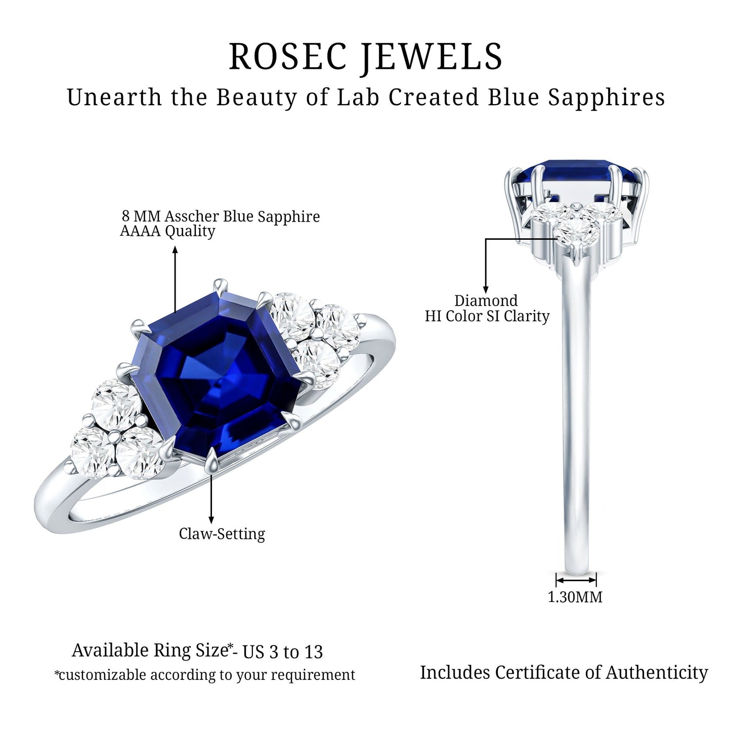 Certified 4.8 Carat Asscher Cut Lab Grown Blue Sapphire Engagement Ring with Diamond Trio
