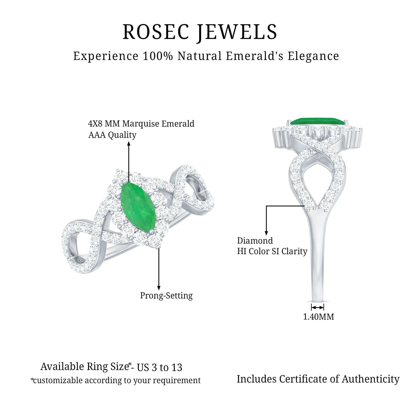 Natural Marquise Emerald Diamond Halo Engagement Ring with Crossover Shank