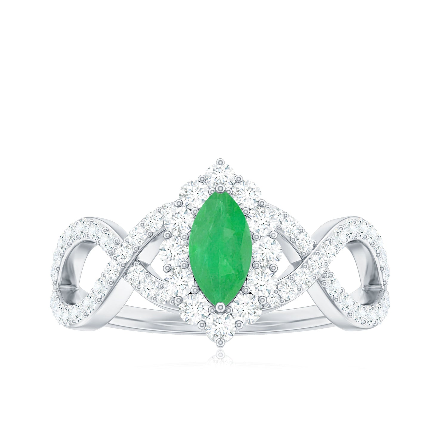 Natural Marquise Emerald Diamond Halo Engagement Ring with Crossover Shank