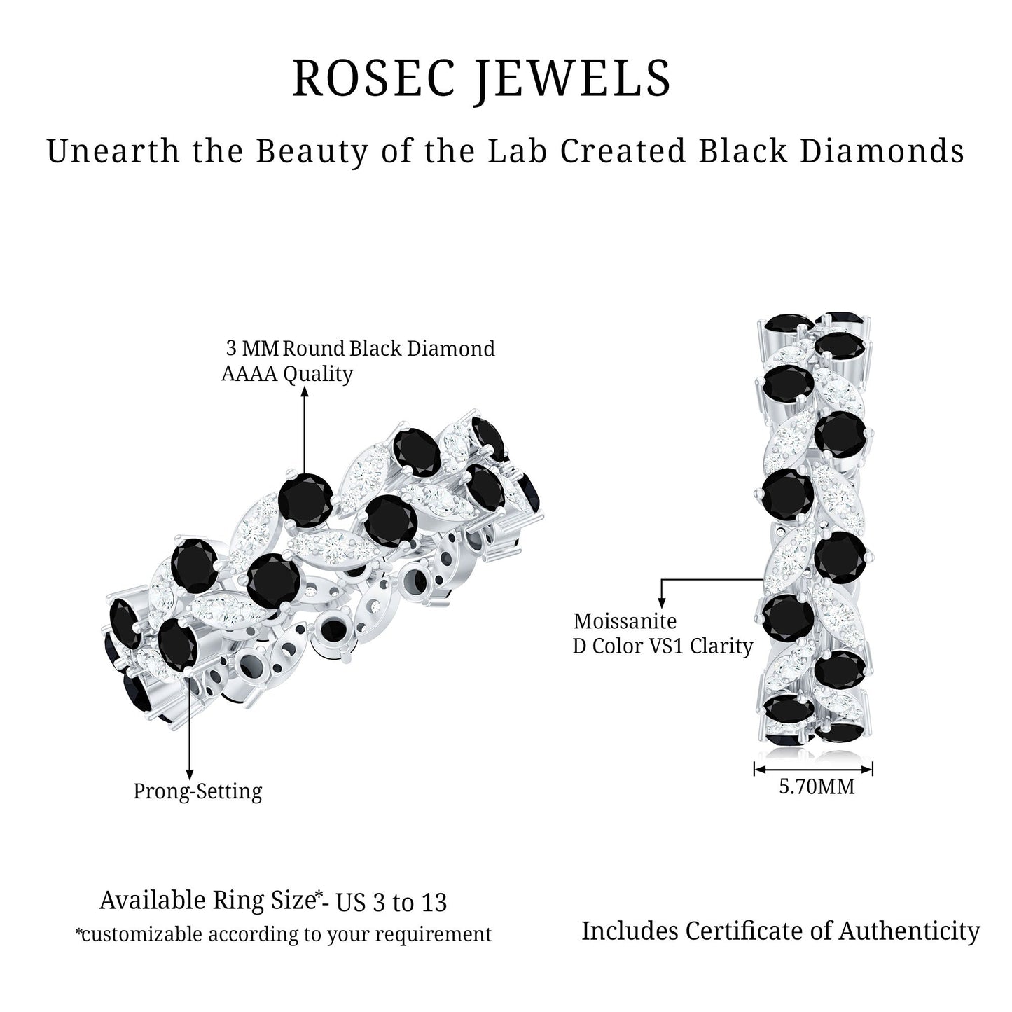 Nature Inspired Lab Grown Black Diamond Eternity Band Ring with Moissanite